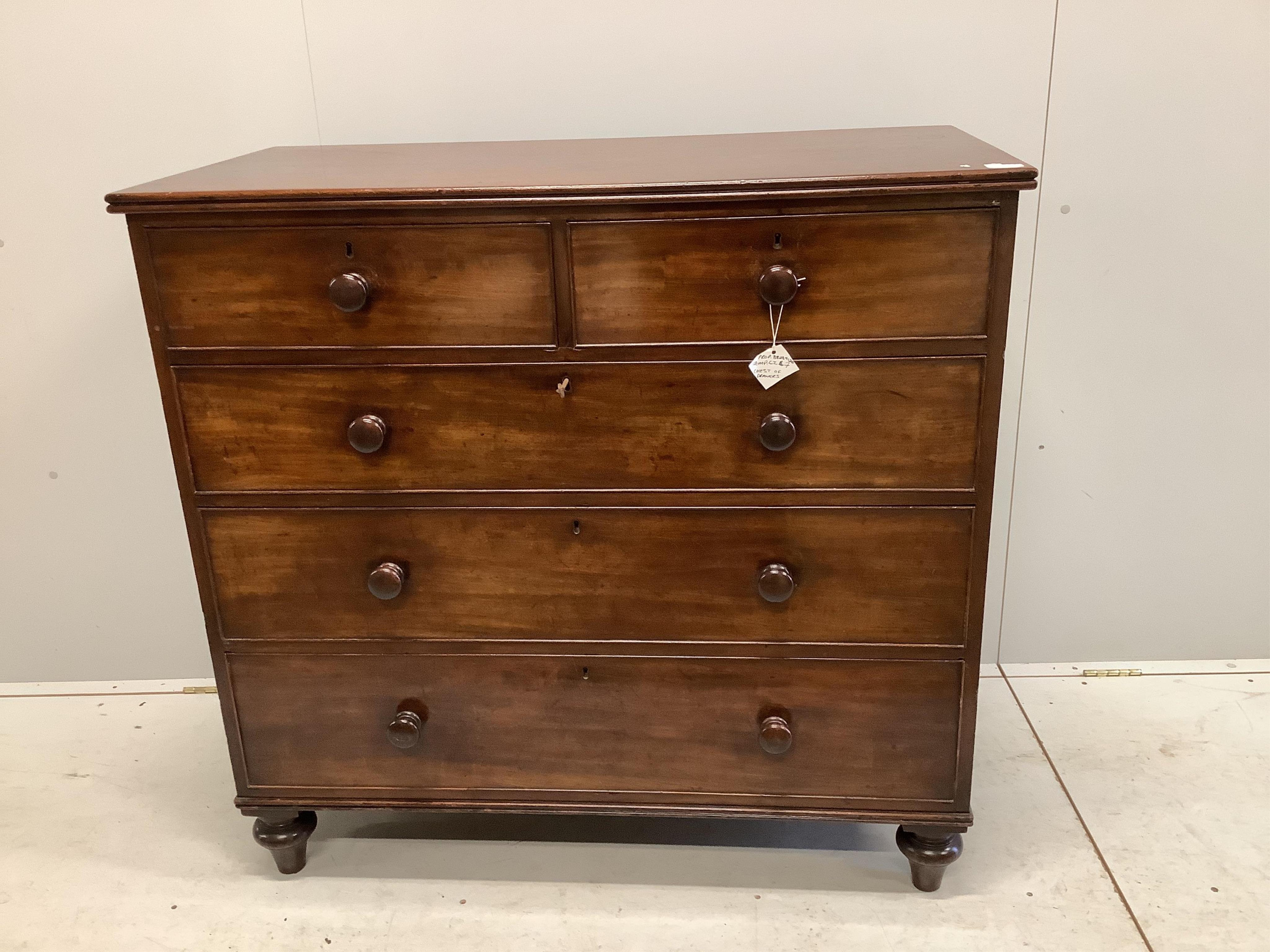 A Victorian mahogany chest of two short and three long drawers, width 109cm, depth 54cm, height 104cm. Condition - fair to good